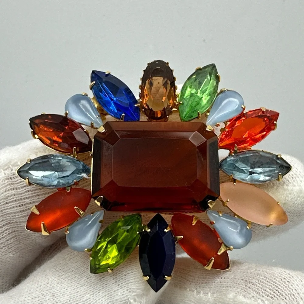 Vintage Rhinestone Multi Color Large‎ Amber Center Brooch/Pin #629